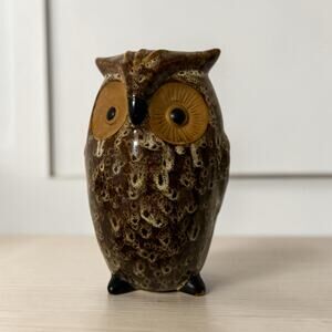 Vintage Ceramic Owl Vase Brown Drip Glaze 1970s Boho Decor